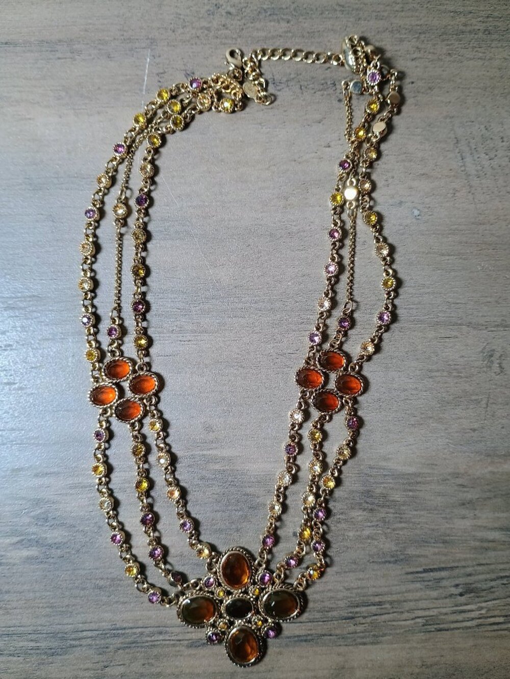 Monet Gold Tone Multi Strand Statement Necklace Rhinestones Cabochons 18"